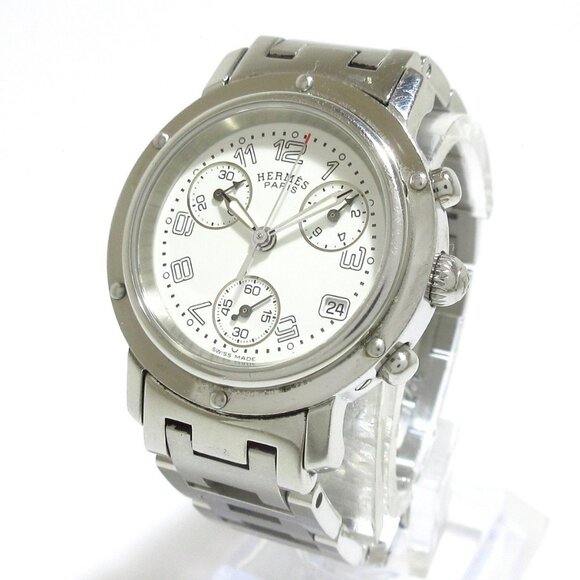 Auth HERMES Clipper Chronograph CL1.310 2****** Silver Women's Wrist Watch - Picture 1 of 11